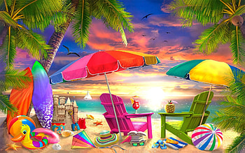 Sunset In Paradise, palms, sea, chairs, digital, umbrellas, art, sky, beach HD wallpaper