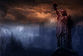 Liberty in Action, skyscrapers, art, clouds, new york, dark, statue HD wallpaper