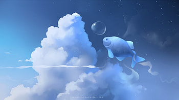 Fish in the clouds, fantasy, art, pesti, apofiss, fish, bubble, blue, white, up, sky, cloud HD wallpaper