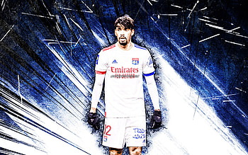 Lucas Paqueta, grunge art, Olympique Lyon FC, Ligue 1, brazilian footballers, Lucas Tolentino Coelho de Lima, blue abstract rays, soccer, Lucas Paqueta HD wallpaper