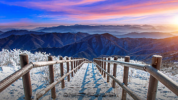 Winter sunrise, winter, beautiful, south, sunrise, mountain, snow, view, sky, Korea HD wallpaper
