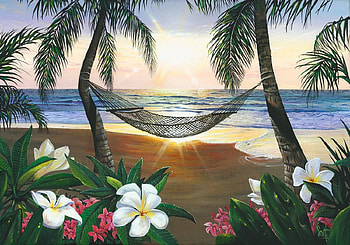 Twilight Hammock, sea, digital, blossoms, flowers, sun, palmtrees, beach HD wallpaper