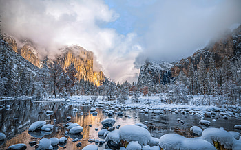 Yosemite National Park, winter, valley, mountains, fog, California, America, USA, beautiful nature, american landmarks HD wallpaper