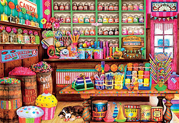 Sweets Shop, colorful, dog, shop, sweets, art, painting, pictura, caine, sleep HD wallpaper