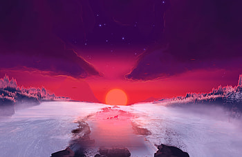 Pine river, snow layer, landscape, sunset, art HD wallpaper