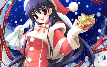 Christmas Time, red santa suit, snow, christmas, dark hair, ribbons, cute, red eyes, long hair HD wallpaper