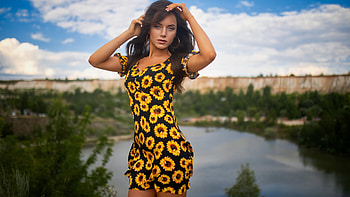 Beautiful, Girl, Model, Yellow, Black, Flowers, Printed, Dress, Women, Nature, Background, graphy Girls HD wallpaper