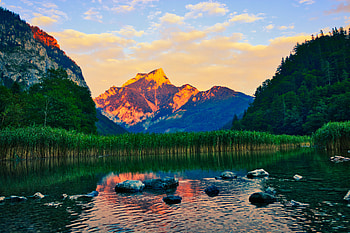 Sunset, alpine, nature, forest, glowing peak, lake HD wallpaper