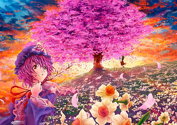 Cherry tree, big eye, cute, girl, dress, anime, bright colors, flowers, lovely HD wallpaper