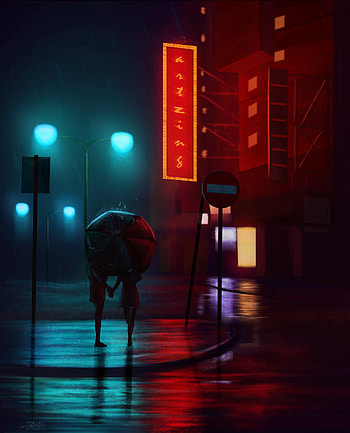 Art, Rain, Lights, Dark, Couple, Pair, Lanterns, Night City, Umbrella, Street HD phone wallpaper