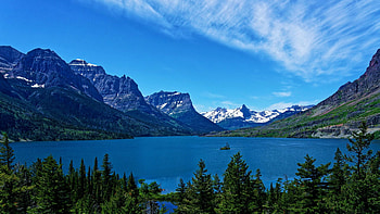Saint Mary Lake, Glacier National Park, Montana, clouds, trees, USA, sky, mountains HD wallpaper