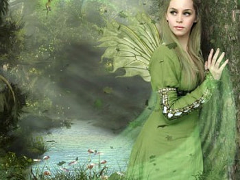 Green Fairy, wings, faerie, winged, woods, tree HD wallpaper