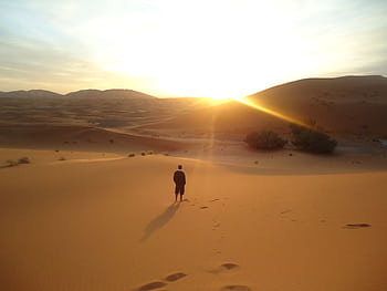 Silhouette of a man walking along sand dunes during a sunrise in the Sahara Desert. HD wallpaper