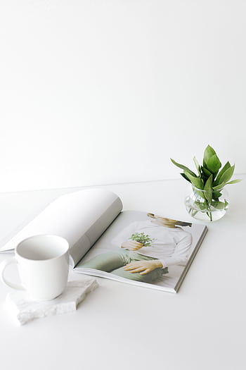 White cup and magazine on a clean table with green plant decor, showcasing minimalist style. HD phone wallpaper