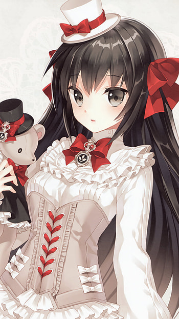 blush, bow (Clothing), hat, black hair, long hair, Anime, Original HD phone wallpaper