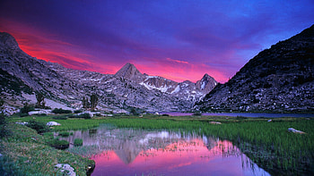 Pink Sunset in the Lake Mountain, blue, awesome, pink sunset, lake mountain, colors, beauty, nice, scenery, reflection, snow, reflex, amazing, mirror, white, frozen, cold, beautiful, landscapes, pink, gray, green, cool, mountain lake, clouds, sky HD wallpaper