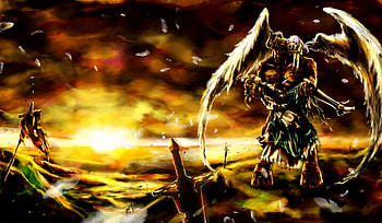 Is this hell ?, silver hair, yellow eyes, feathers, fate stay night, long hair, ahoge, highres, carrying, ponytail, minotaur, blonde hair, angel beats, wings, ribbon, type-moon, sword tenshi, armor, saber, anime, weapon, tachibana kanade, girls, gauntlets, hair ribbon, green eyes, boots HD wallpaper