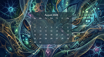 August 2026 — Calendar: Luminous Fractal Nexus, August 2026 Calendar HD wallpaper