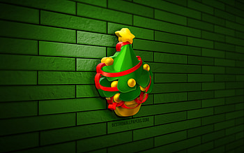 3D xmas tree, yellow xmas balls, red ribbons, green brickwall, Christmas decorations, Happy New Year, xmas decorations, Merry Christmas, xmas tree, 3D art, christmas tree HD wallpaper