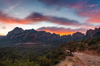 Landscape, Nature, Trees, Sunset, Mountains, Rocks, Road HD wallpaper