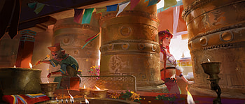 The monkey ritual, temple, red, luminos, maimuta, girl, orange, monkey, art, tea me, fantasy, teame HD wallpaper