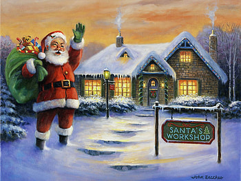 Santa's Workshop, winter, cottage, painting, snow, christmas HD wallpaper