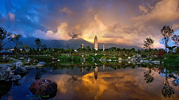 temple garden in yunnan china, clouds, mountains, garden temple, pond HD wallpaper