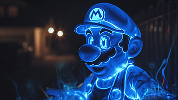 Blue Neon Mario, Mario, neon, night, sculpture, video game HD wallpaper
