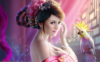 Princess, frumusete, bird, cute, gorgeous, girl, superb, pink, fantasy, yellow, pasari, ruoxin zhang, parrot, papagal HD wallpaper