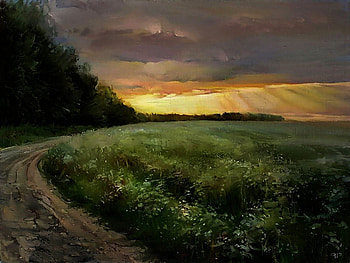 Sunset Over Pastures F, artwork, scenery, country road, painting, art, landscape, pasture, sunset HD wallpaper