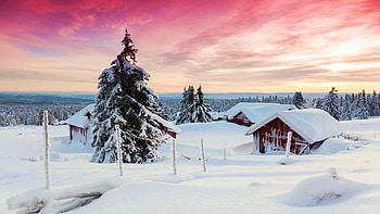 Snow covered village at sunset near Sjusjoen in the Lillehammer area, Norway, sky, houses, clouds, trees, landscape, colors HD wallpaper