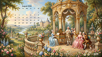 August 2026 Calendar — Rococo Garden HD wallpaper