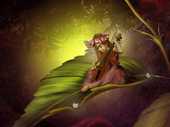 Little fairy, cute, violin, copil, little, fairy, pink, instrument, fantasy, flower, green, leaf, child, wreath HD wallpaper