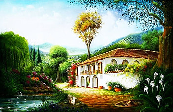 Country Manor, artwork, painting, house, landscape, trees, flowers HD wallpaper
