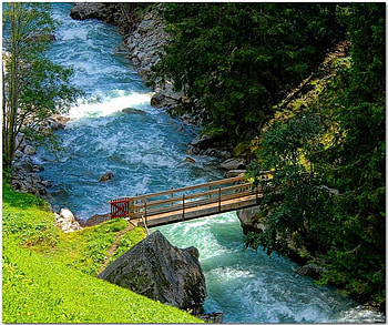 Crossing over, river, grass, rocks, height, rapid, waves, wood, bridge, trees, forest, red gate HD wallpaper