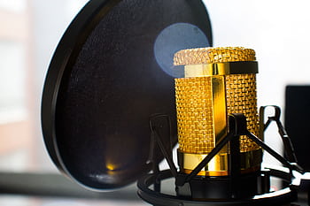 Close-up of a gold studio micro with pop filter, ideal for recording and broadcasting. HD wallpaper