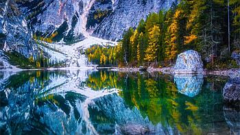Lake Braies, South Tyrol, Italy, alps, water, reflections, dolomites, trees, mountains HD wallpaper