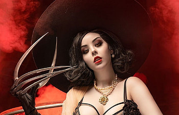 Lady Dimitrescu, face, girl, vampire, mark r, hat, claveria, halloween, jewel, fantasy, red HD wallpaper
