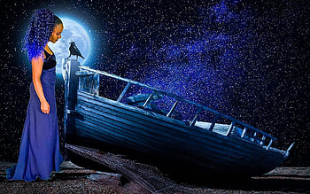Moonlight, blue, boat, raven, digital, moon, art, girl, dress HD wallpaper