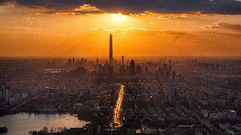 Tall Buildings Tower Sun In Clouds Lake Cityscape , buildings, sun, clouds, lake, cityscape, graphy HD wallpaper