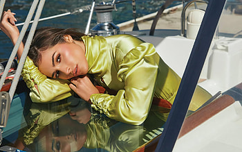 Olivia Culpo, American actress, shoot, green dress, beautiful woman, American fashion model, Olivia Culpo on yacht HD wallpaper
