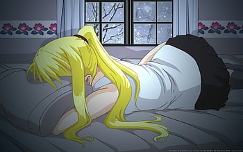 Winry, skirt, bed, long haie, window, lie, long hair, winry rockball, pillow, FMA, anime girl, blonde hair HD wallpaper