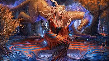 Forest Girl, dragon, trees, digital, art HD wallpaper