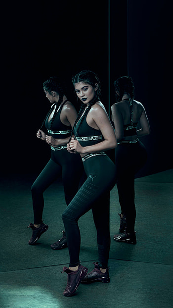 pretty kylie Puma campaign, reflection, lipstick, brown eyes, twintails, black hair, model, Celebrity, Kylie Jenner HD phone wallpaper