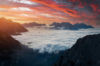 Mountain Peaks In Clouds And Dramatic Pink Sky, clouds, sky, mountains, nature HD wallpaper