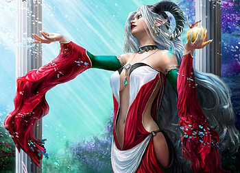 Devil's Mistress, horns, long hair, sun rays, anime, fantasy, white hair, fruit, pointy ears, female HD wallpaper