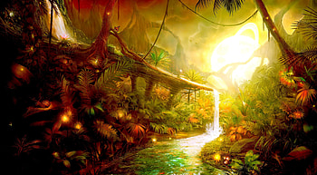 JUNGLE PARADISE, creek, waterfalls, snail, Pandora, Avatar, , planet, butterfly, trees, jungle HD wallpaper