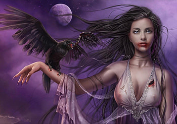 Vampire girl, frumusete, girl, cris ortega, vampire, dark, raven, purple, fantasy, crow, luminos HD wallpaper
