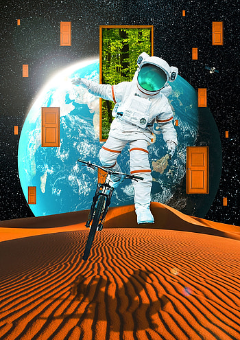 Desert, Miscellanea, Miscellaneous, Planet, Doors, Door, Bicycle, Cosmonaut, Space Suit, Spacesuit HD phone wallpaper