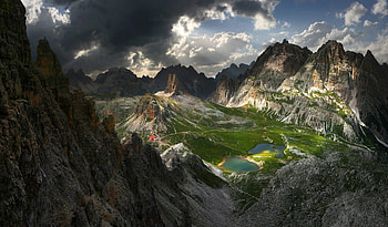 Dolomites, lakes, skies, fantastic, green, clouds, italy, mountains, water HD wallpaper